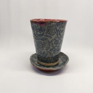 Handmade Floral Pottery Tumbler Cup & Matching Saucer Stoneware Ceramic Set